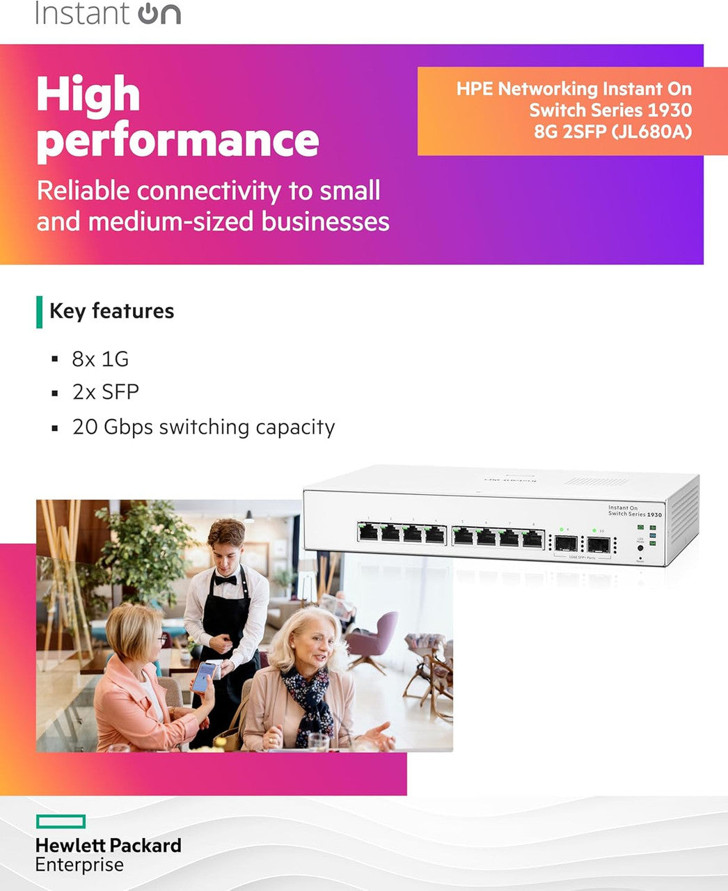HPE Networking Instant On 1930 8-Port Gb Ethernet 8 x GE, 2X 1G SFP, L2+ Smart Switch US Cord | JL680A#ABA