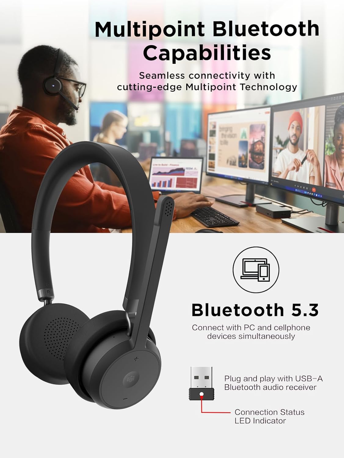 Black Bluetooth headphones with text about multipoint Bluetooth capabilities and connectivity features.
