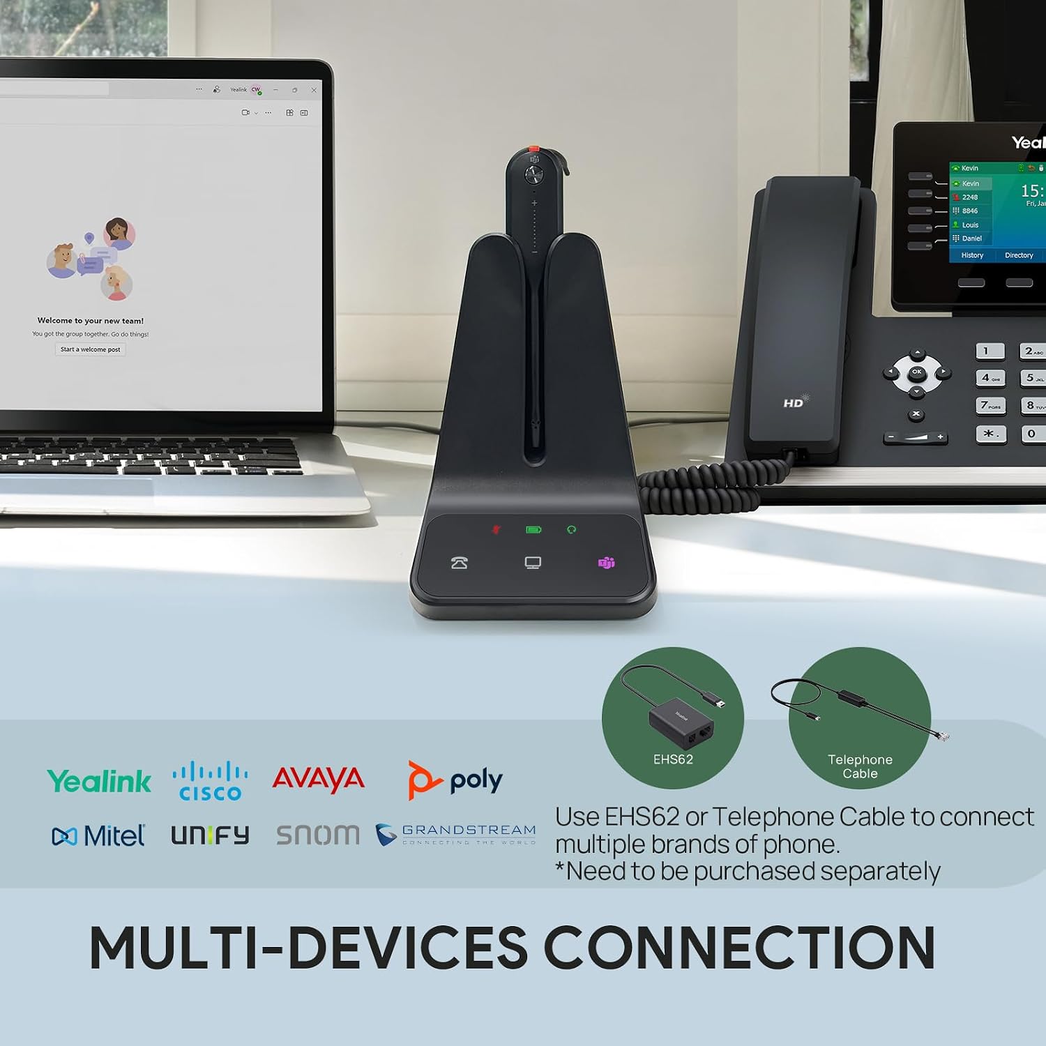 Yealink WH63 E2 DECT Mono Wireless Headset with Teams Certified - 1208711