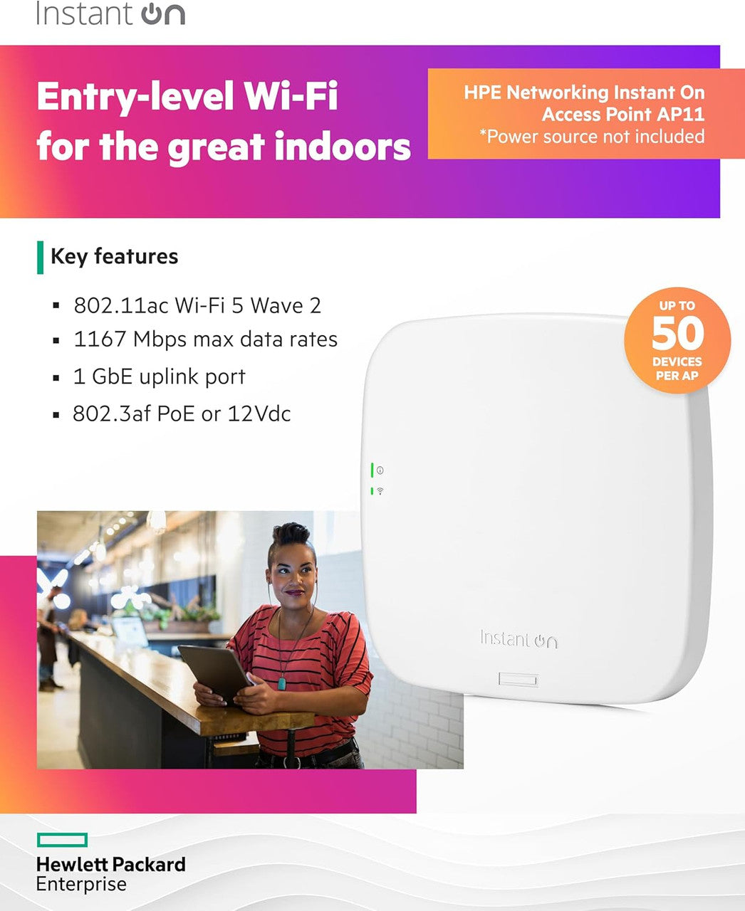 HPE Networking Instant On AP11 2x2 WiFi Access Point | US Model | Power Source Not Included | R2W95A
