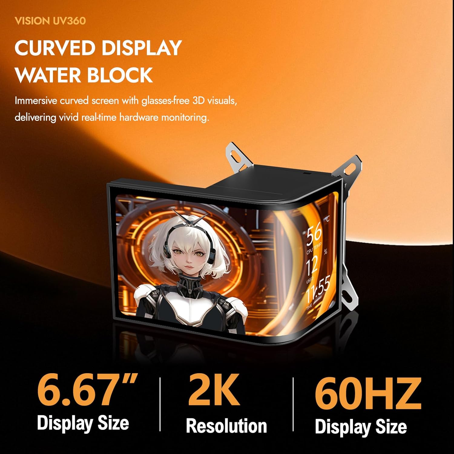 darkFlash UV360 360mm AIO Liquid CPU Cooler | 6.67" Curved 2K OLED Display | 3 x 120mm ARGB PWM Fans | Intel LGA 1851/1700/1200/115X | AMD AM5/AM4/AM3 | Black | DF-UV360-BK