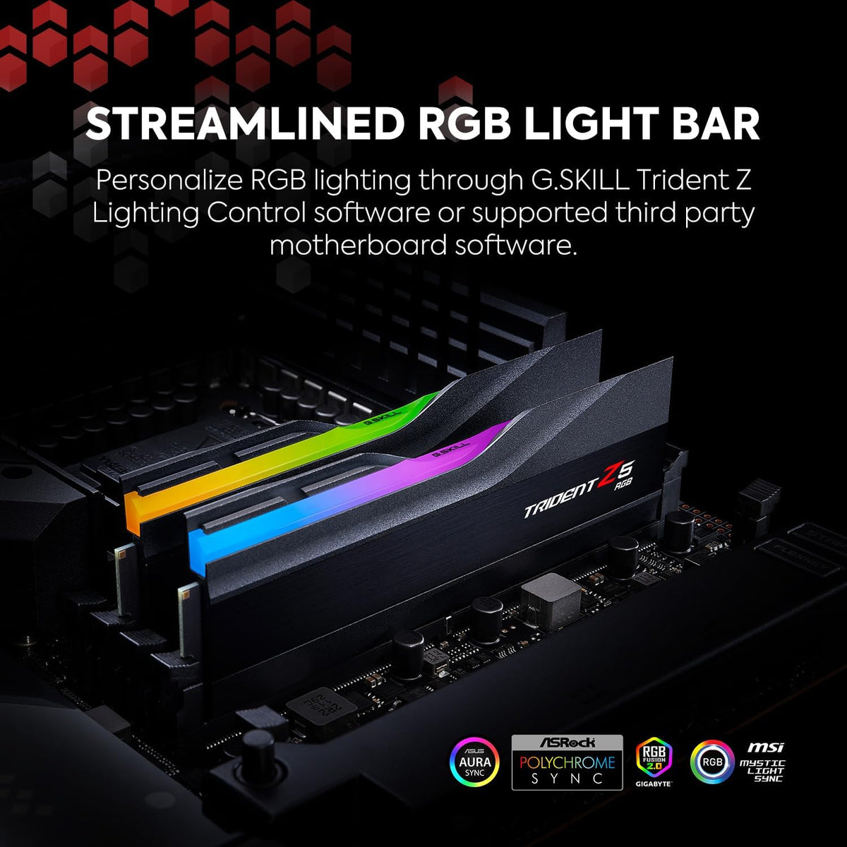 G.SKILL Trident Z RGB memory module with colorful lighting on a dark background