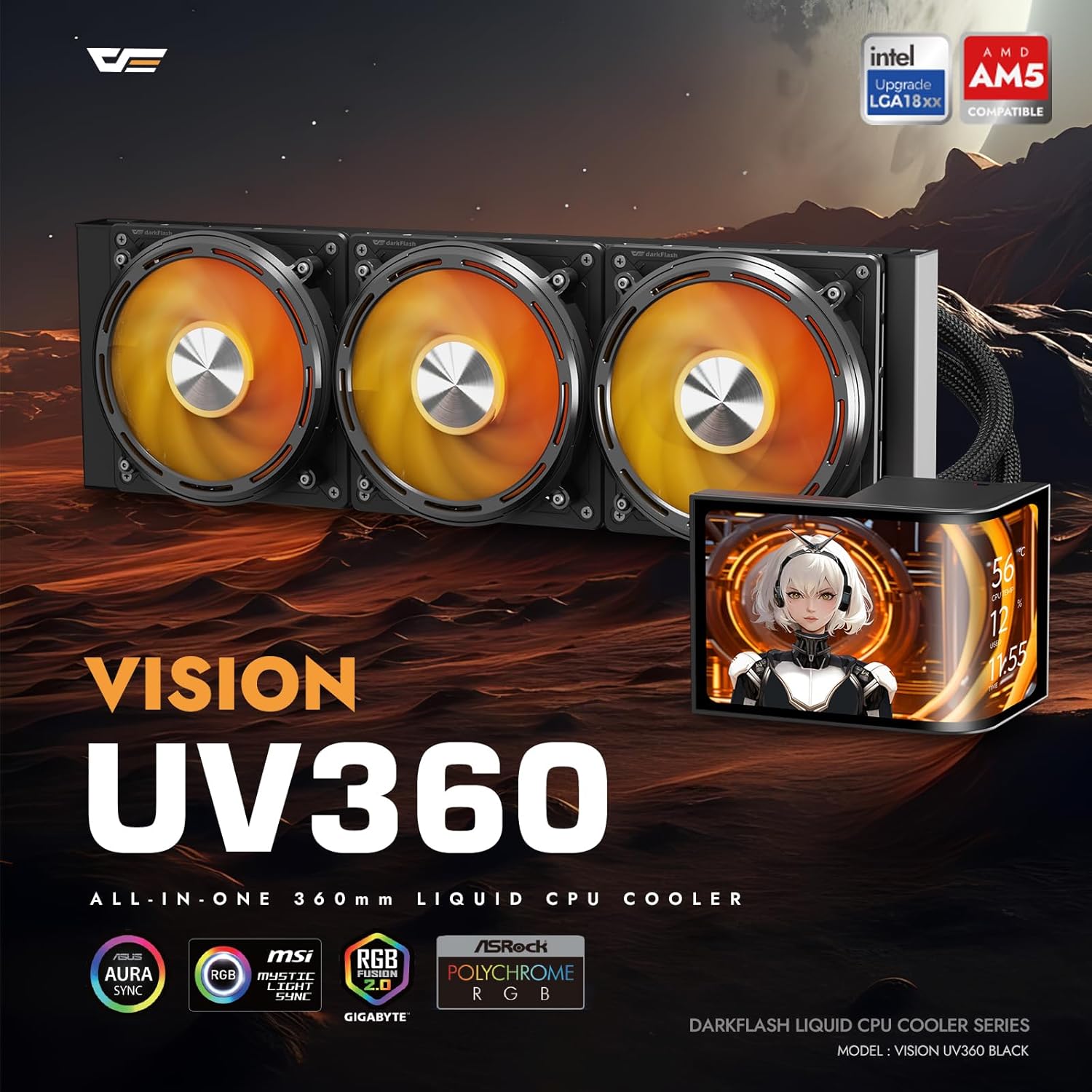 darkFlash UV360 360mm AIO Liquid CPU Cooler | 6.67" Curved 2K OLED Display | 3 x 120mm ARGB PWM Fans | Intel LGA 1851/1700/1200/115X | AMD AM5/AM4/AM3 | Black | DF-UV360-BK