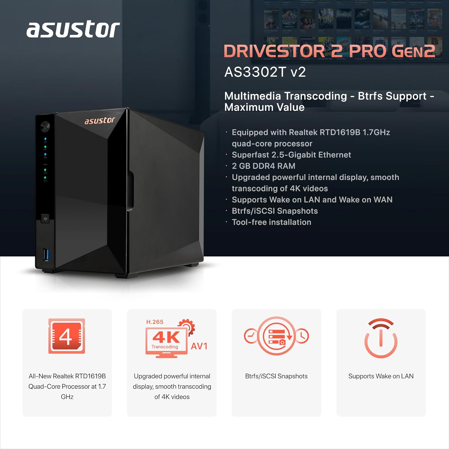 Asustor Drivestor 2 Pro Gen2 2 Bay NAS, Quad-Core 1.7GHz CPU, 2.5Gbe Port, 2GB DDR4 (Diskless) AS3302T v2