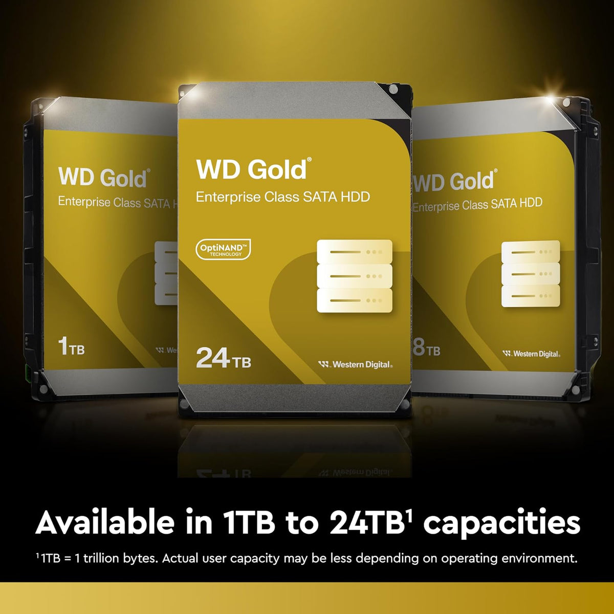 Three Western Digital Gold hard drives with varying capacities on a dark background