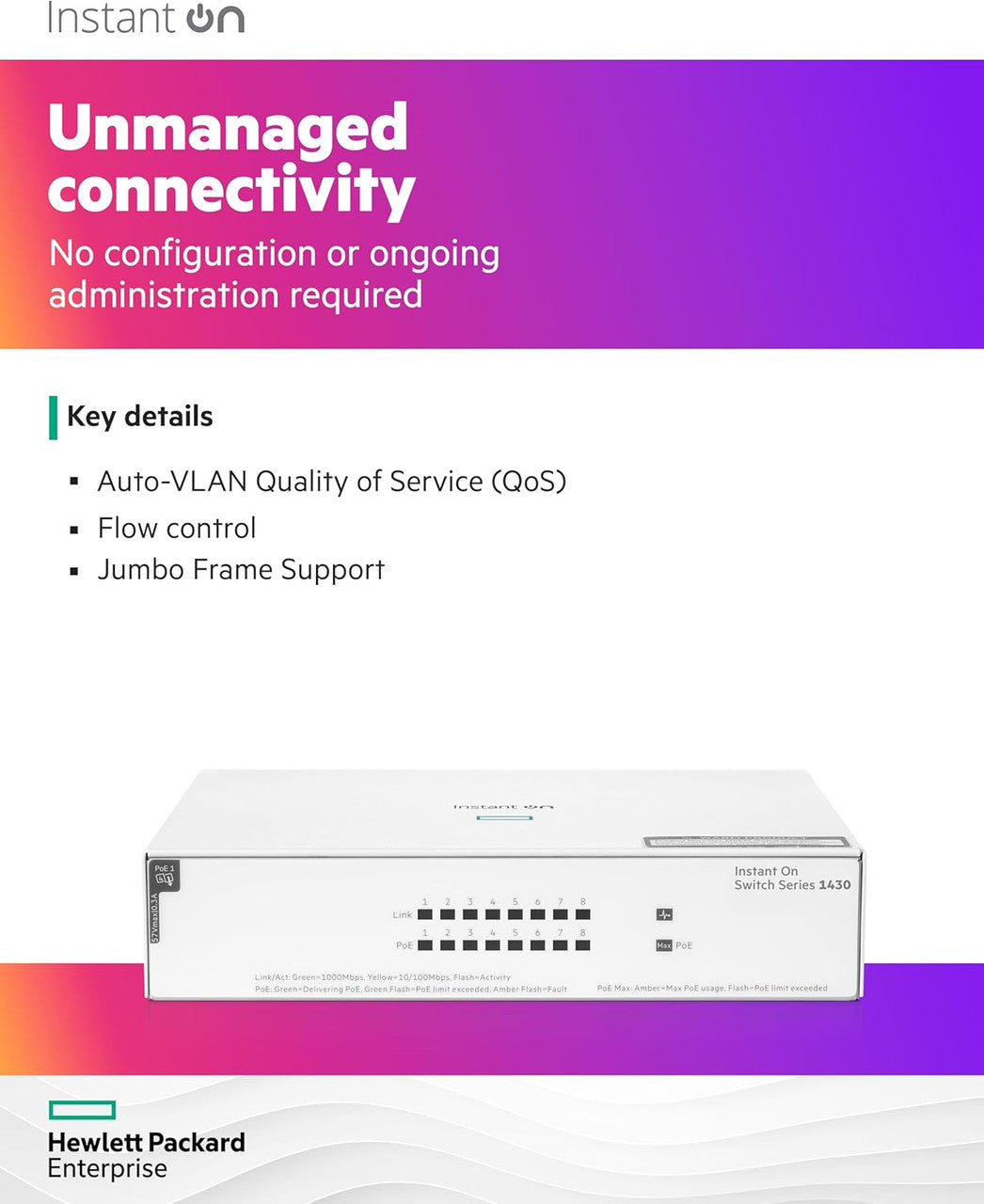 HPE Networking Instant On 1430 8-Port Gb Unmanaged Layer 2 Ethernet Switch with PoE | 8X CL4 PoE (64W) | Fan-Less | US Cord | R8R46A#ABA