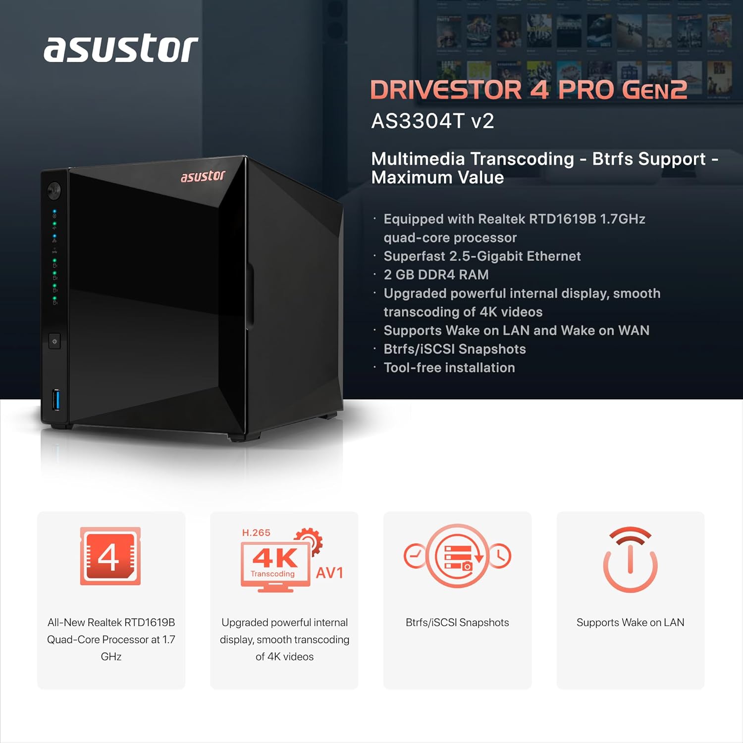Asustor Drivestor 4 Pro Gen2 4 Bay NAS, Quad-Core 1.7GHz CPU, 2.5GbE Port, 2GB DDR4 - Diskless (AS3304T v2)