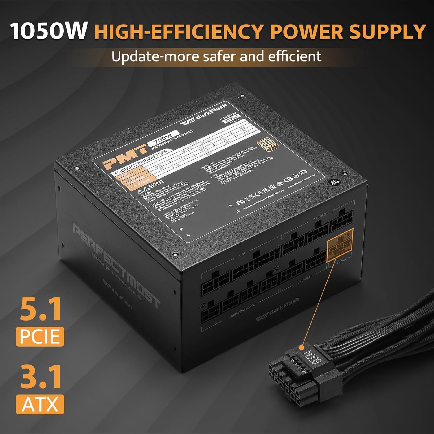 darkFlash PMT1050 1050W ATX 3.1 Fully Modular 80+ Gold Gaming Power Supply, PCIe 5.1, Black – DF-PMT-1050-BK