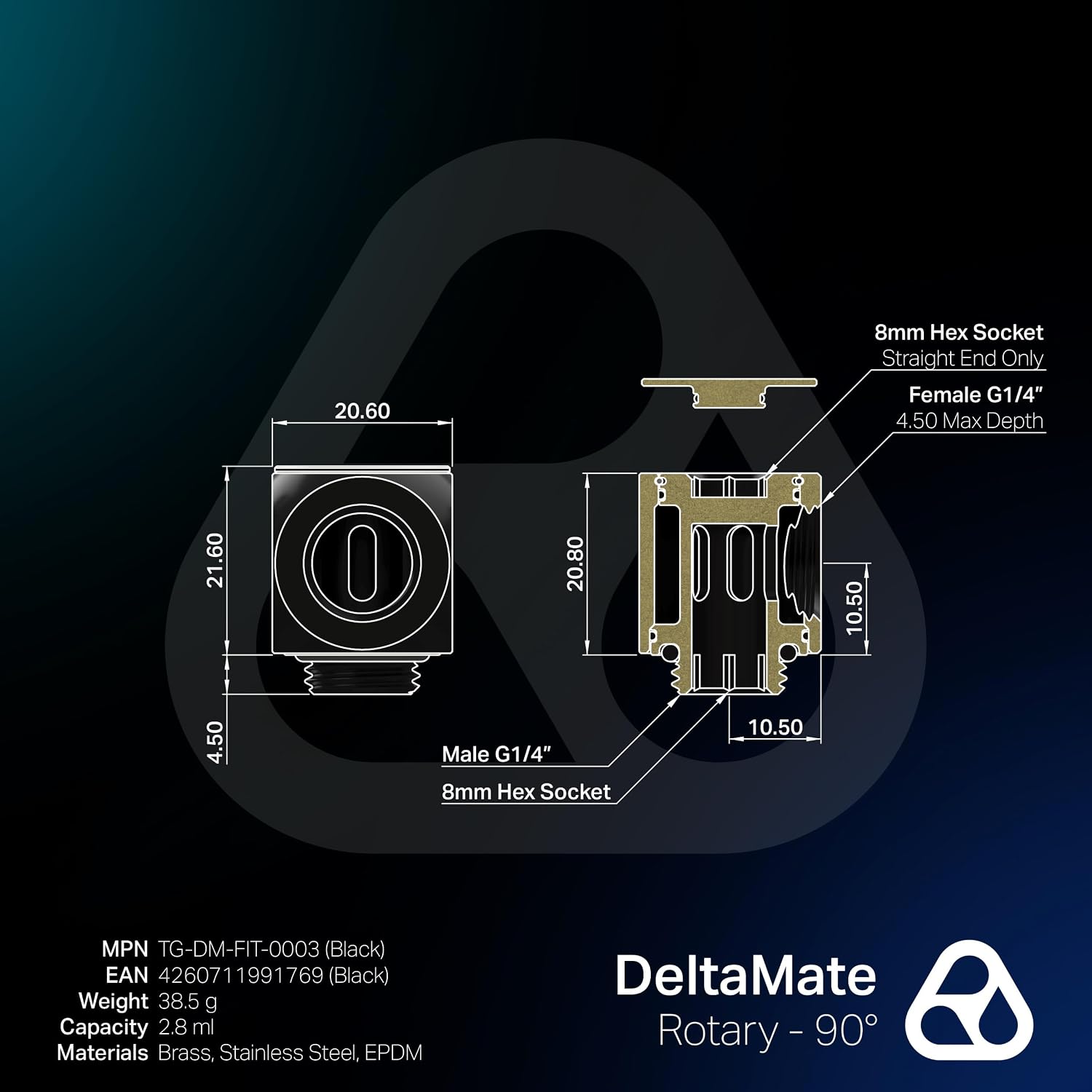 Thermal Grizzly DeltaMate Rotary - 90° Black Water Cooling Fitting Thread, CNC-Machined Brass Matte (Black) - TG-DM-FIT-0003
