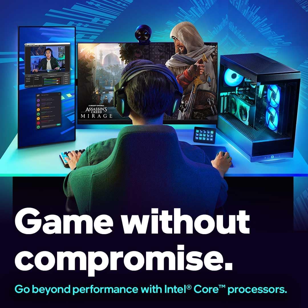 Person playing video games on a high-performance computer setup with Intel branding.