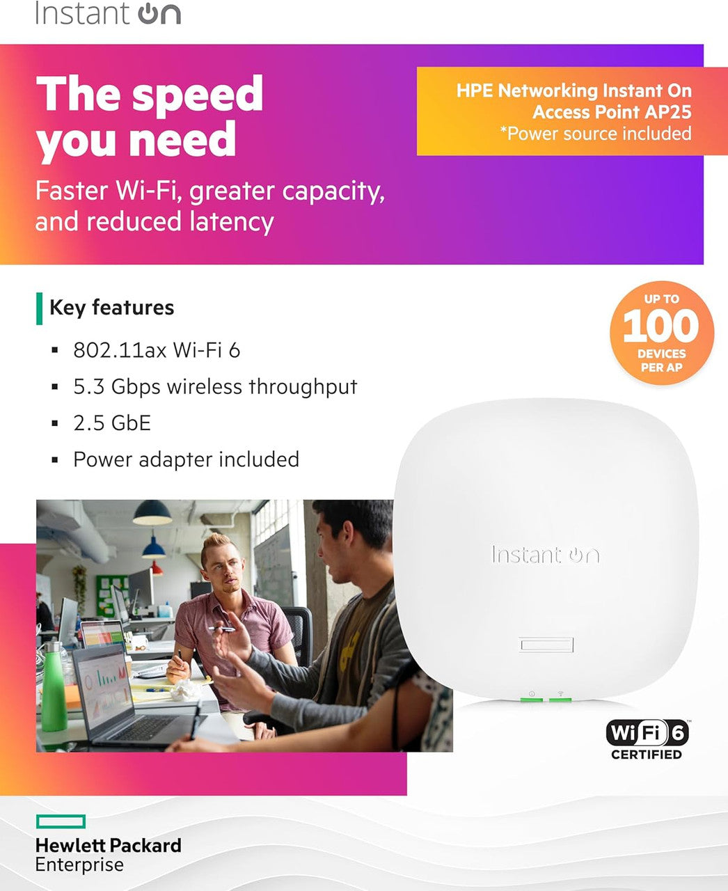 HPE Networking Instant On AP25 .11ax 4x4 Wi-Fi Access Point | US Model | Power Source Included | R9B32A