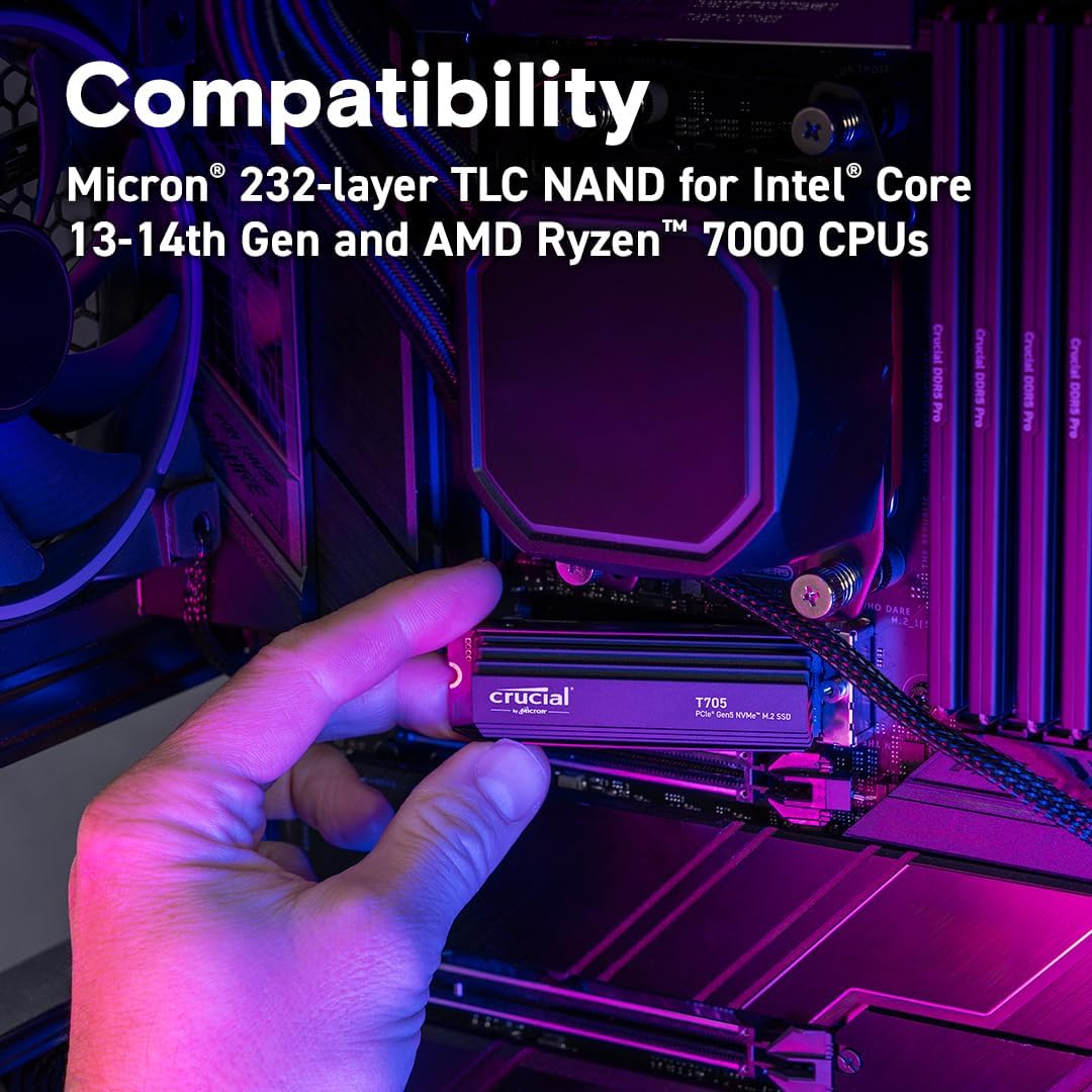 Crucial T705 1TB Gen5 NVMe M.2 SSD with Heatsink | Up to 13,600 MB/s | TLC NAND | PC Gaming & Creator SSD | CT1000T705SSD5