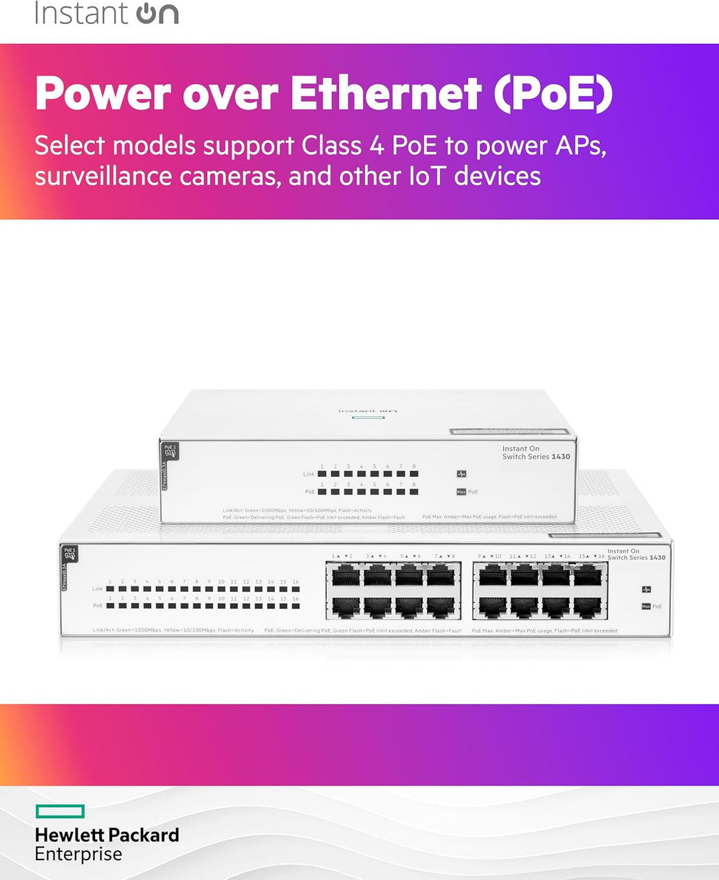 HPE Networking Instant On 1430 8-Port Gb Unmanaged Layer 2 Ethernet Switch with PoE | 8X CL4 PoE (64W) | Fan-Less | US Cord | R8R46A#ABA