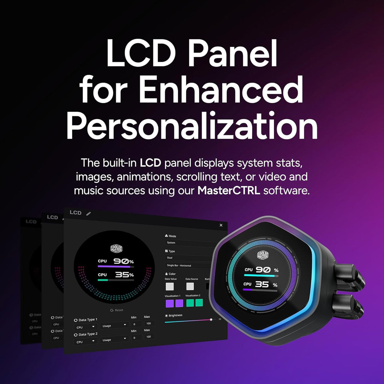 The integrated LCD panel allows real-time system monitoring and custom visuals.