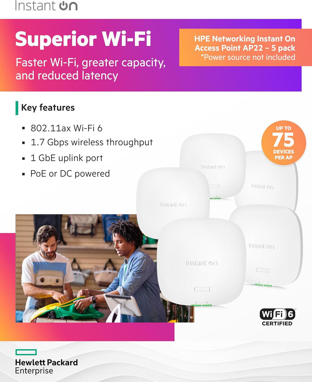 HPE Networking Instant On AP22 802.11ax 2x2 Wi-Fi 6 Wireless Access Point | US Model | Power Source not Included | R4W01A (Pack of 5)