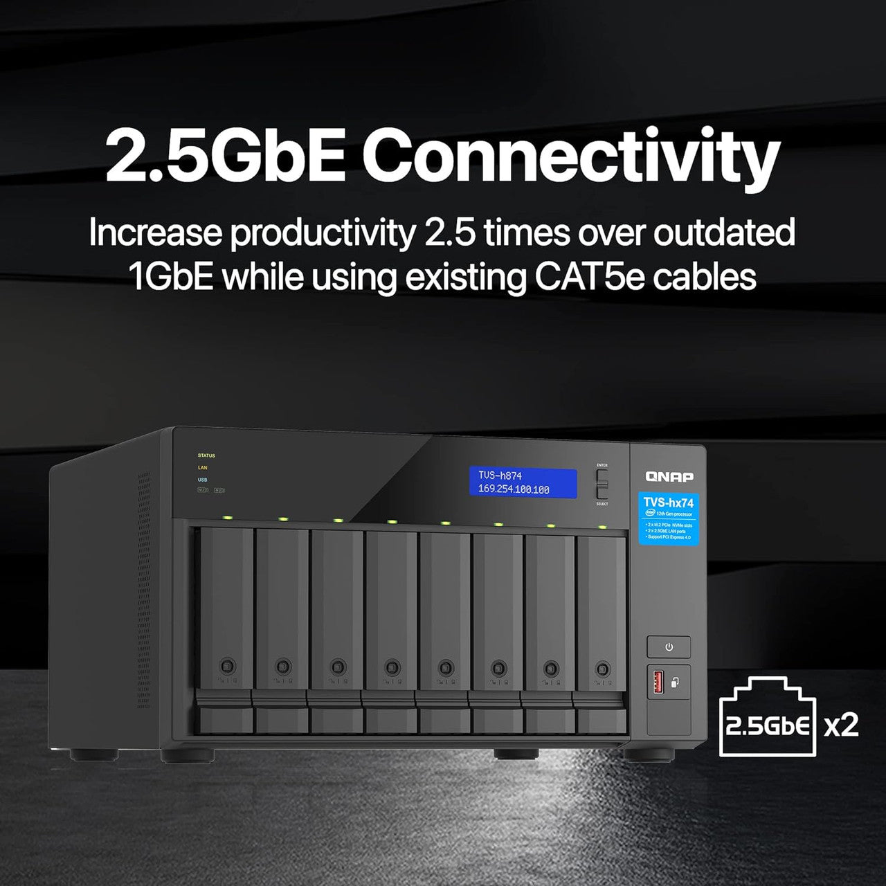 QNAP Ultra-High Speed 8 Bay NAS. Intel Core i7 12C (8 P+ 4 E) /20T processor, 32GB DDR4 RAM, 350W PSU TVS-H874-i7-32G-US