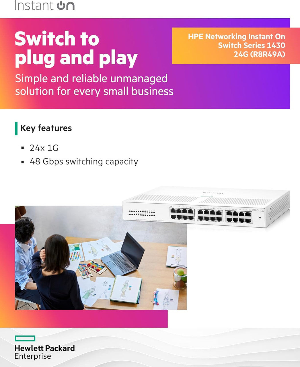 HPE Networking Instant On 1430 24-Port Gb Unmanaged Layer 2 Ethernet Switch | 24x 1G | Fan-Less | US Cord | R8R49A#ABA