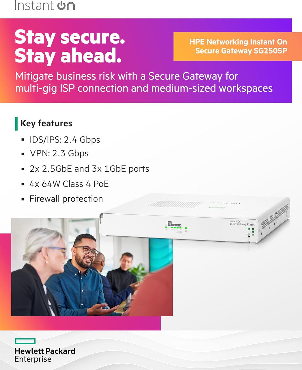 HPE Networking Instant On Secure Gateway SG2505P 5-Port 2x2.5G,3x1G Smart-Managed Gateway 60w PoE, US Cord S0G34A#ABA