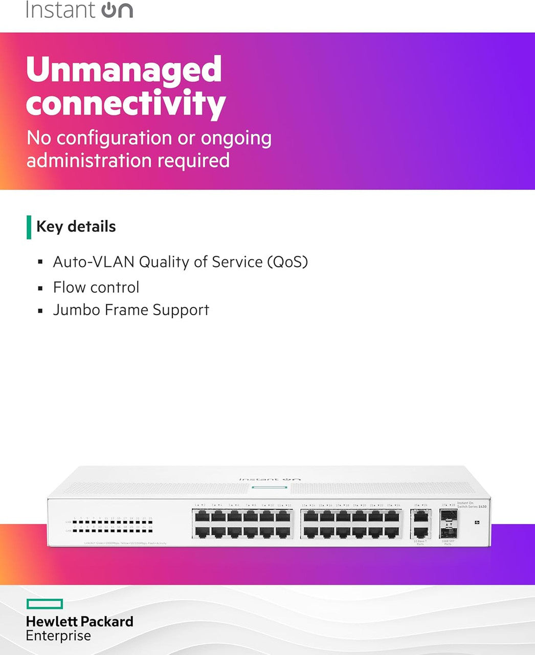 HPE Networking Instant On 1430 26-Port Gb Unmanaged Layer 2 Ethernet Switch | 26x 1G | 2X SFP Uplink | Fan-Less | US Cord | R8R50A#ABA