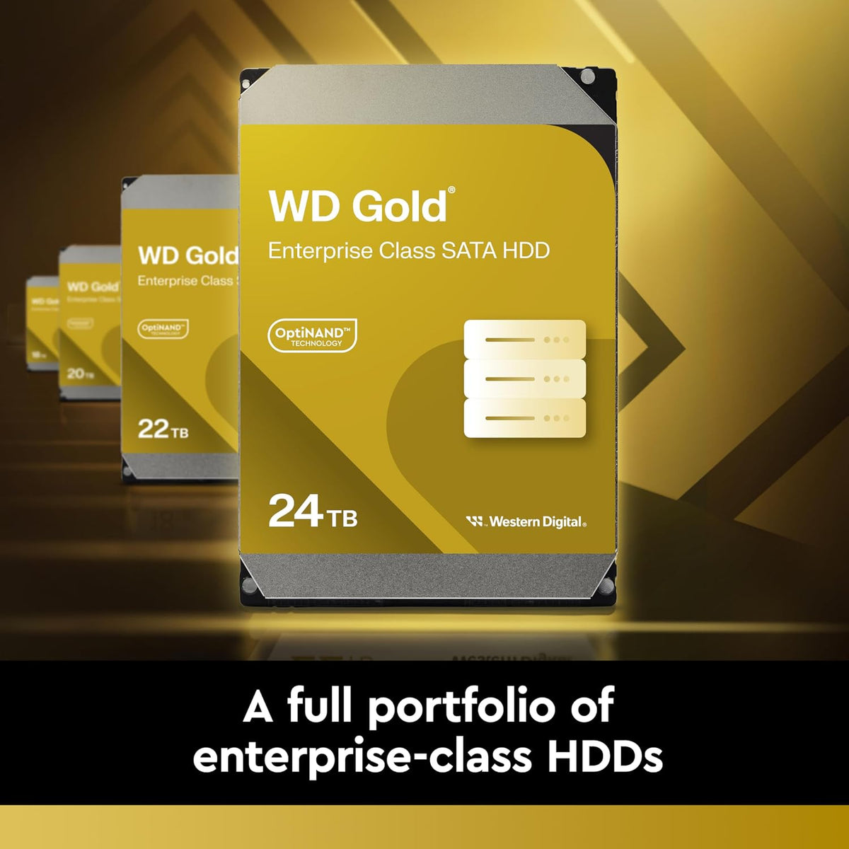 Western Digital Gold enterprise-class SATA HDDs with a gold and black design on a gradient background.