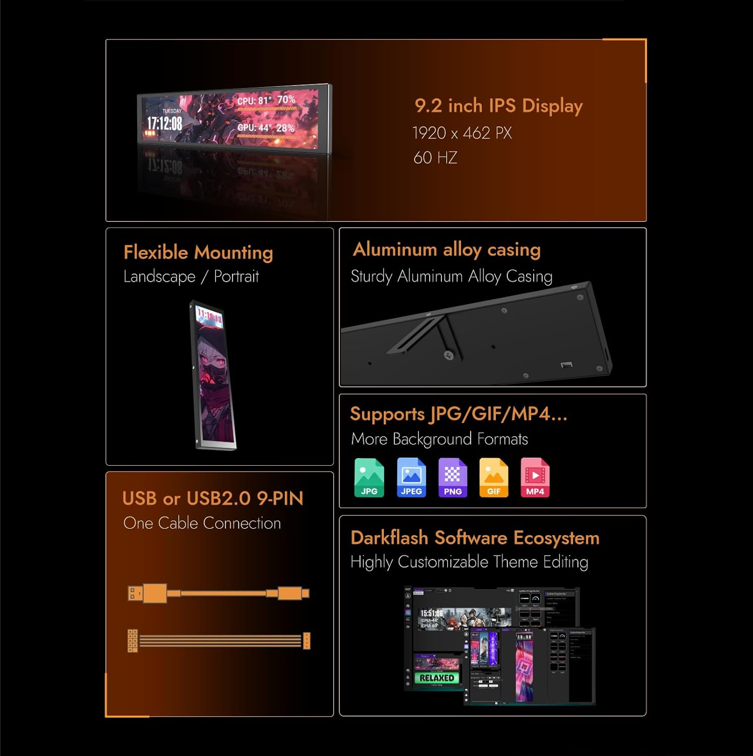darkFlash 9.2" IPS ARGB PC Case Monitor | 1920×462 Display | USB-C & 9-Pin | Black / White