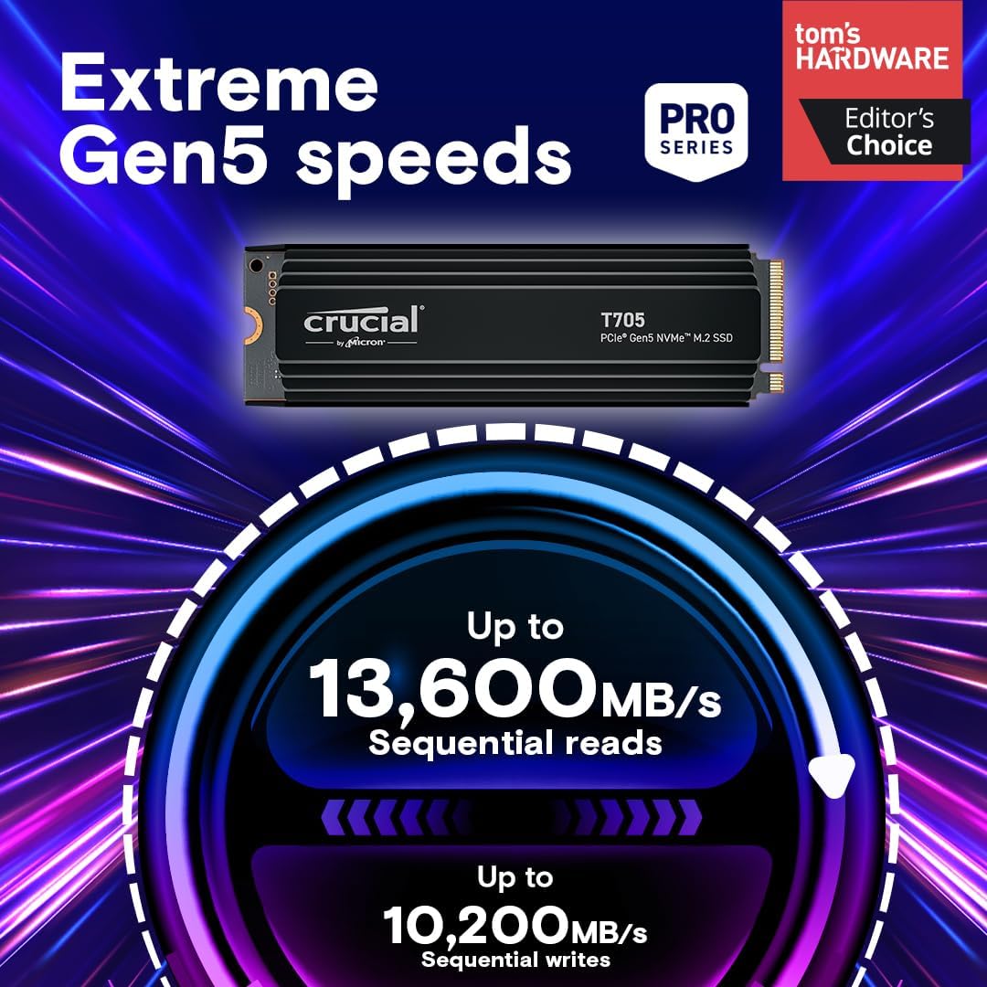 Crucial T705 1TB Gen5 NVMe M.2 SSD with Heatsink | Up to 13,600 MB/s | TLC NAND | PC Gaming & Creator SSD | CT1000T705SSD5