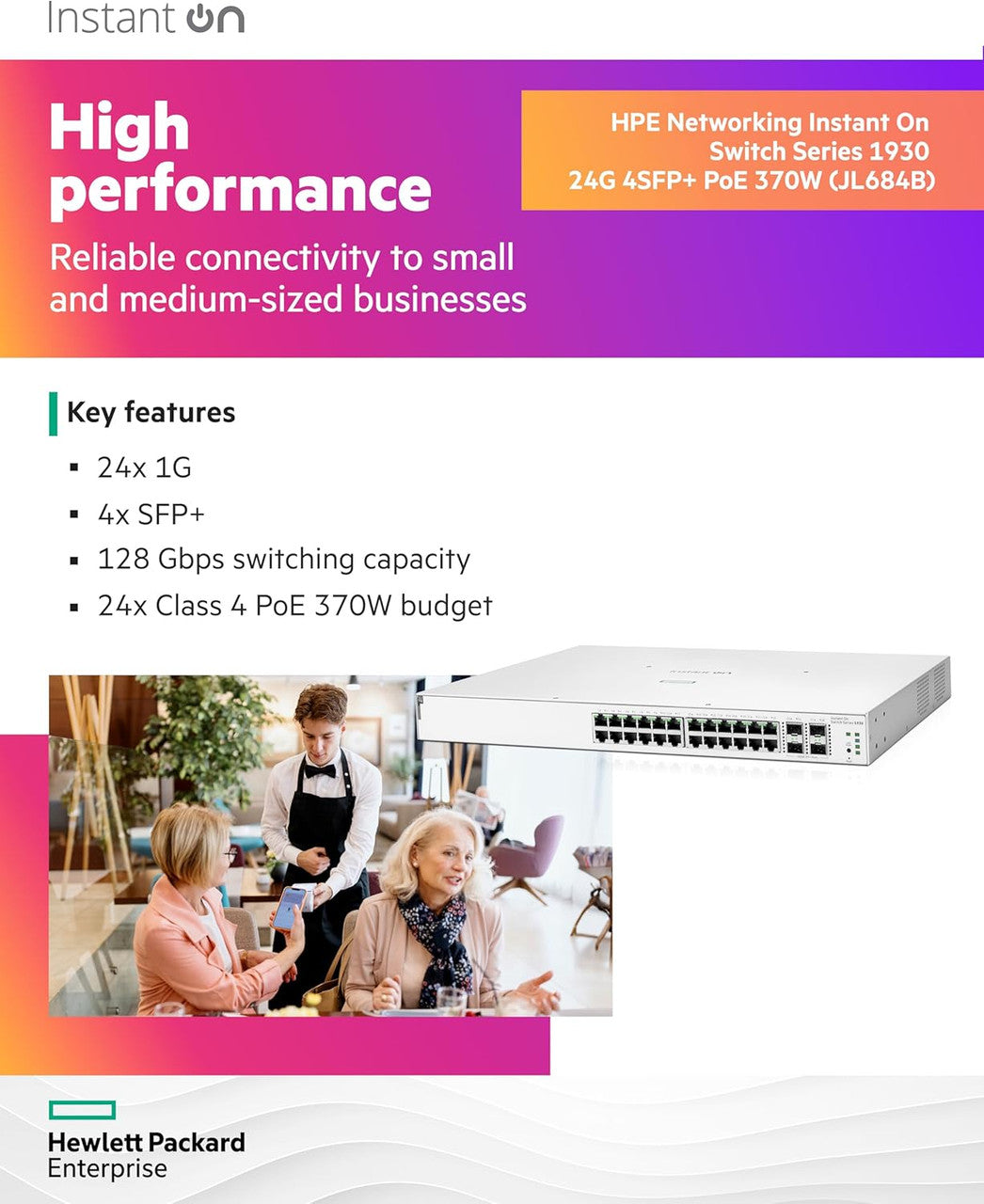 HPE Networking Instant On 1930 24-Port Gb Smart-Managed Layer 2+ Ethernet Switch with PoE | 24x 1G | 4X SFP+ | JL684B#ABA