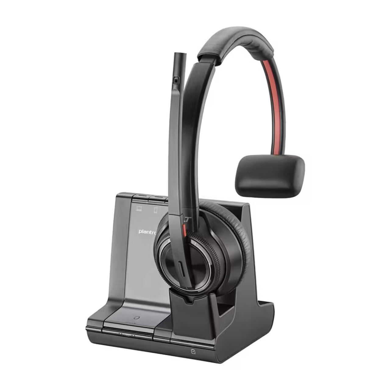 The Poly Savi 8210 Office Wireless DECT Headset offers wireless Bluetooth connectivity to both PC/Mac and mobile devices for versatile communication.