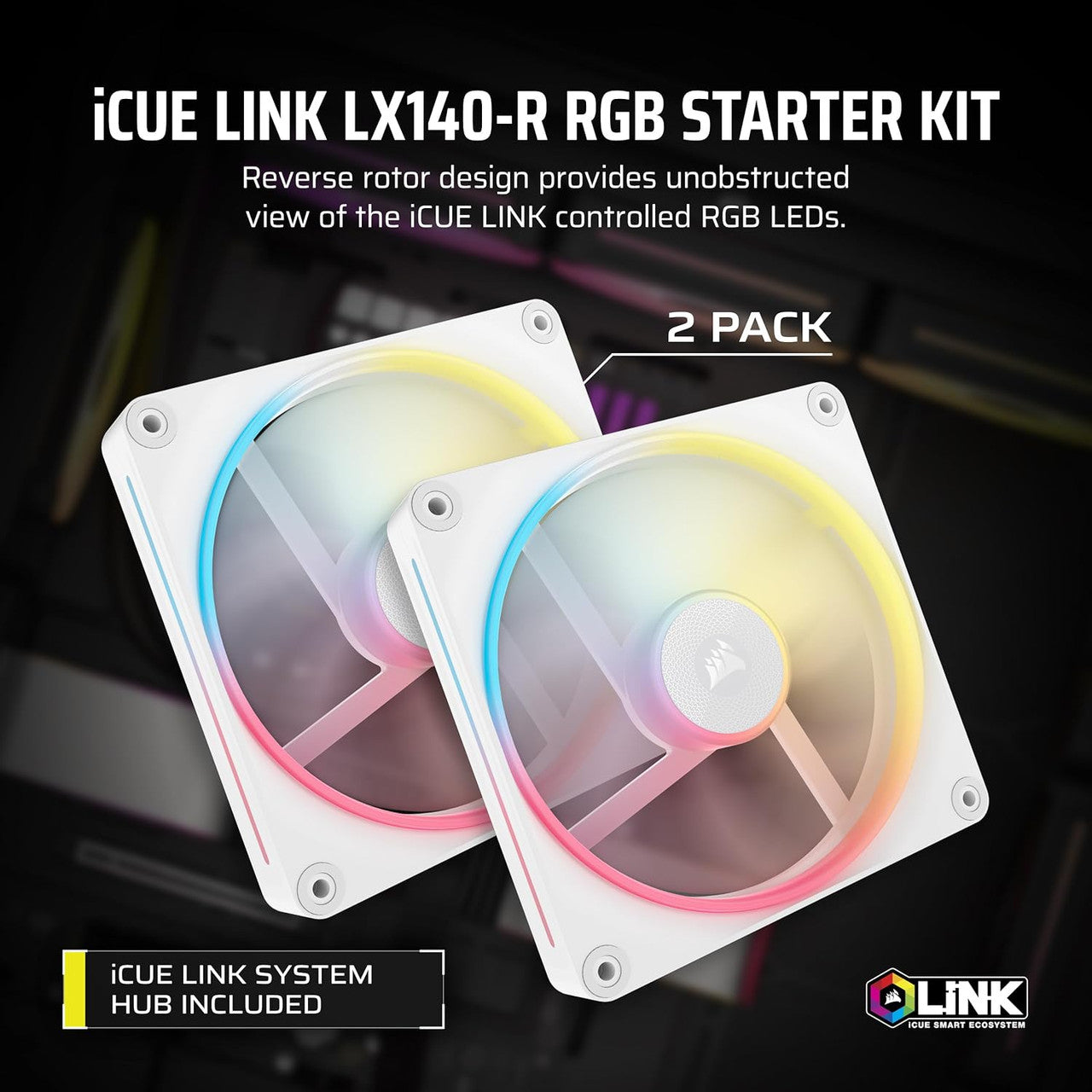Corsair iCUE Link LX140-R RGB PWM | 140 mm | 2000 rpm | 4-Pin Case Fans Starter Kit (Dual Pack) - White CO-9051056-WW