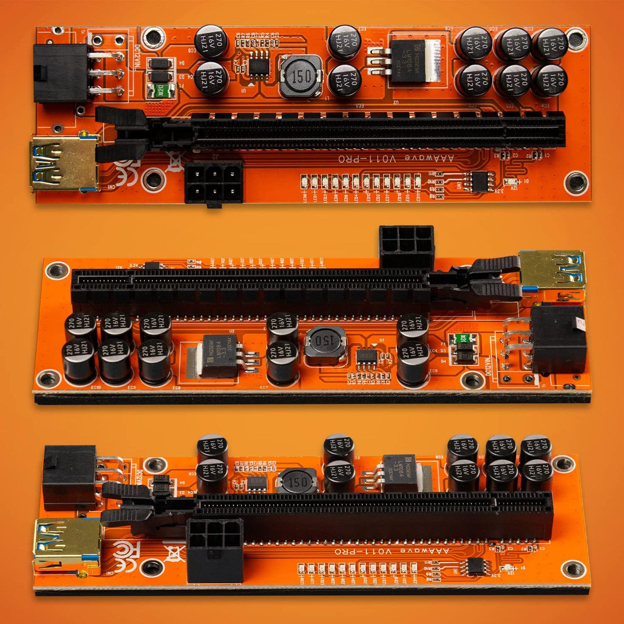 AAAwave PCIE Riser VER 011 PRO 1x to 16x Graphic Extension for GPU Mining 60cm USB 3.0 Cable, 10 Solid Capacitors, 12 Led Lights, 2x 6PIN and 2 Power Options