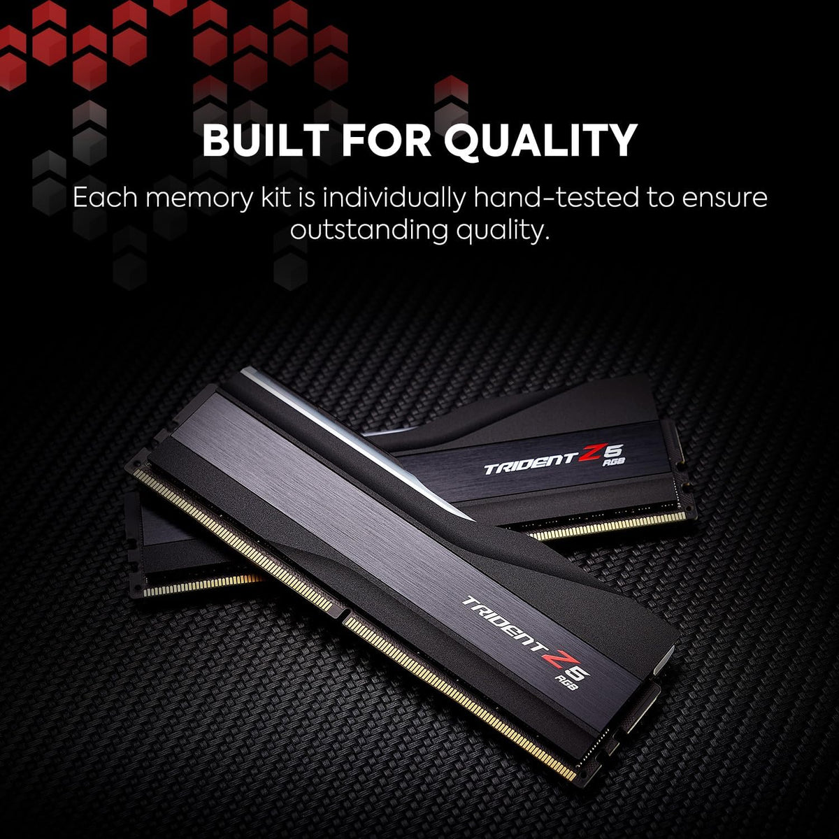 Two Trident Z5 memory modules on a black textured background with text about quality assurance.