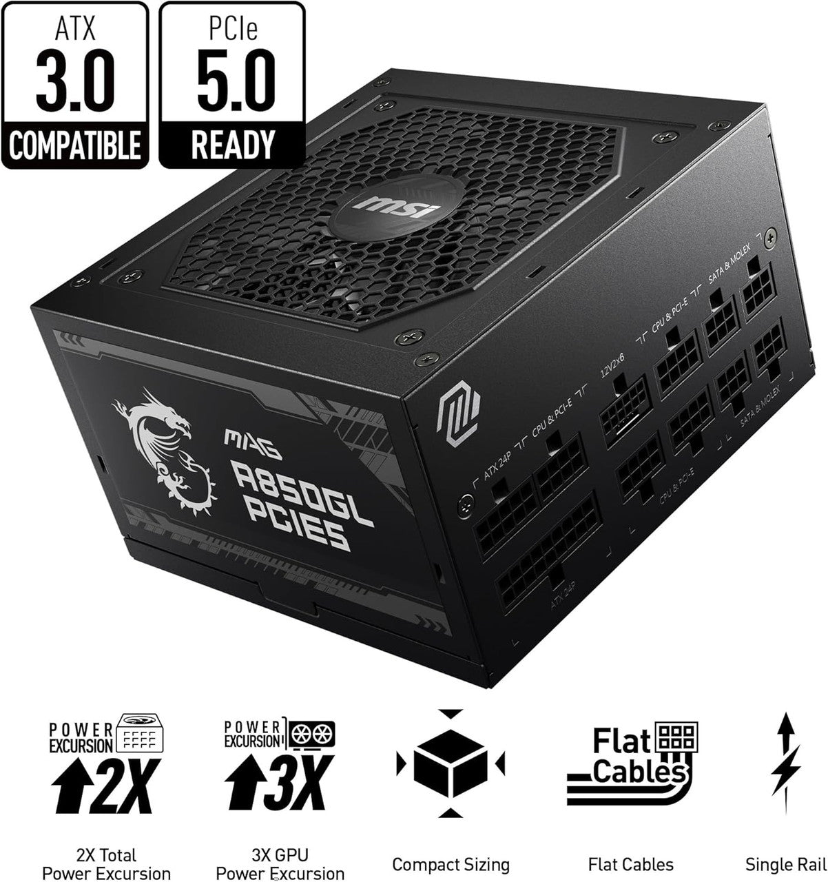 MSI MAG A850GL PCIE 5.1 & ATX 3.1 Gaming Power Supply Full Modular 80 Plus Gold Certified 850W MAGA850GLPCIE5