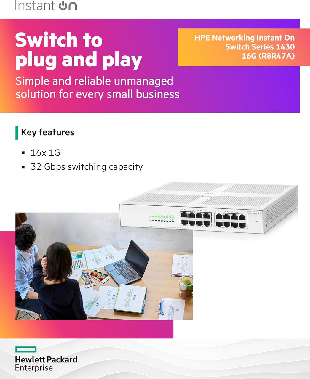 HPE Networking Instant On 1430 16-Port Gb Unmanaged Layer 2 Ethernet Switch | 16x 1G | Fan-Less | US Cord | R8R47A#ABA