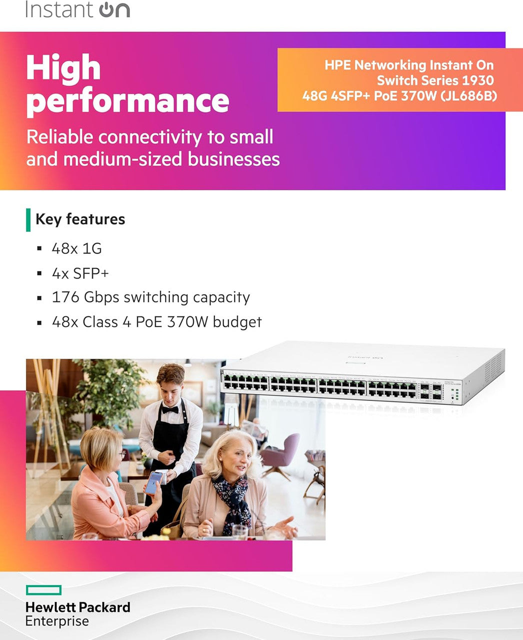 HPE Networking Instant On 1930 48-Port Gb Ethernet 48 x 1G PoE (370W), 4 x 1G/10G SFP+, L2+ Smart Switch US Cord | JL686B#ABA