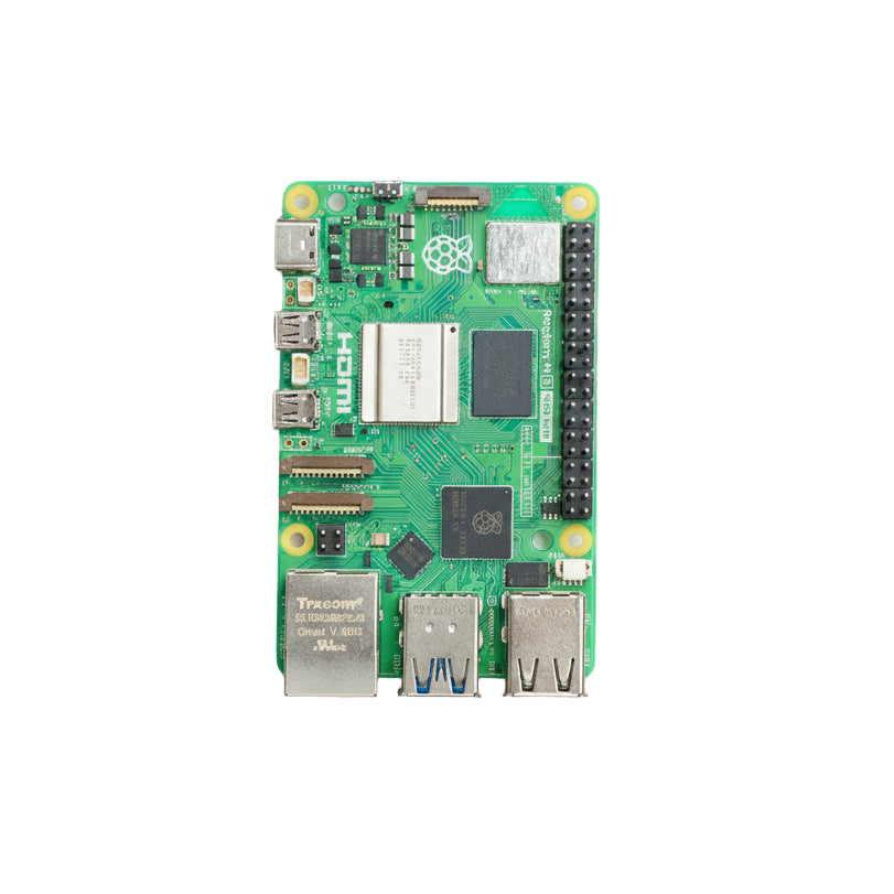 Green electronic circuit board with various components on a light gray background