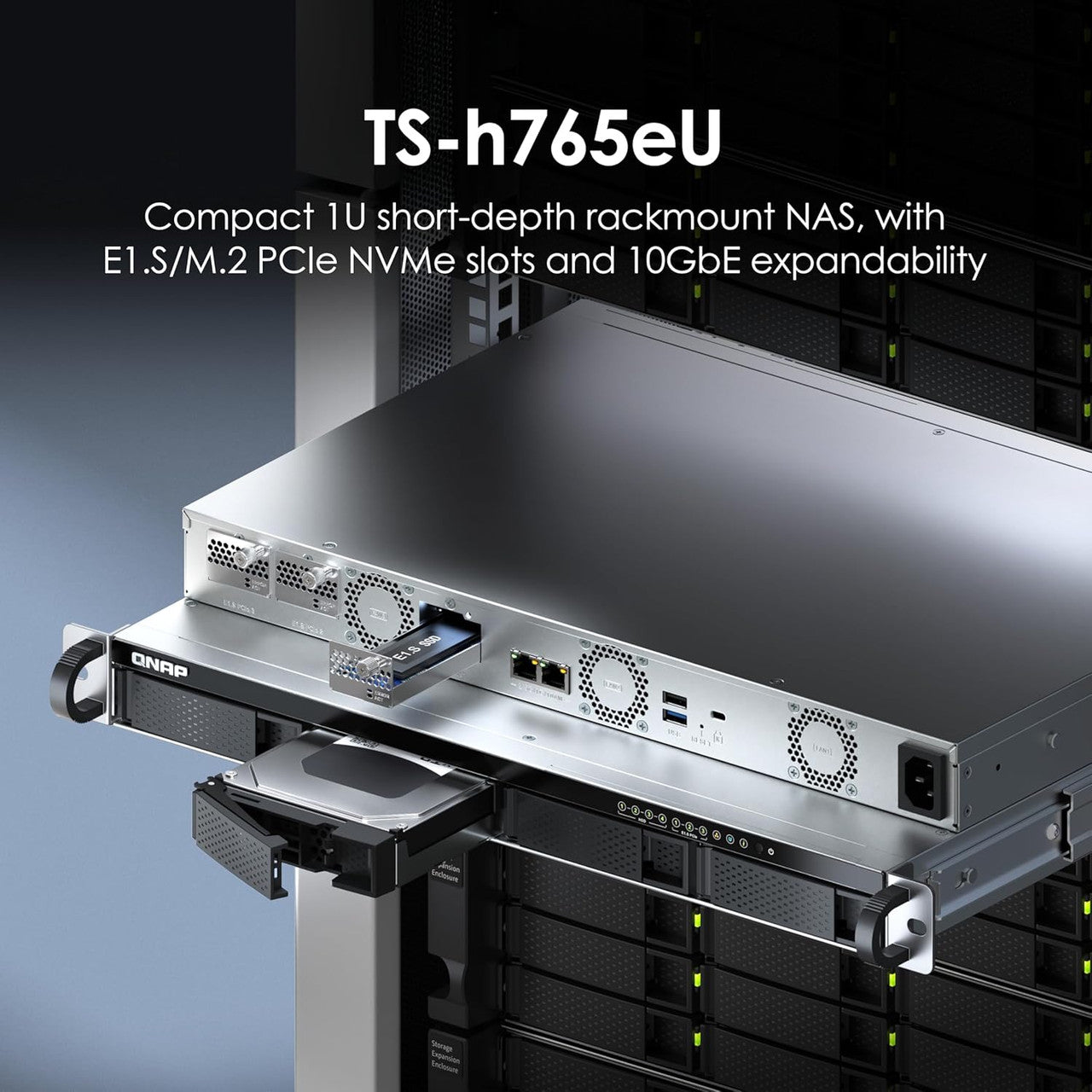 It features 4 x 3.5" SATA bays and 3 x E1.S/PCIe M.2 2280 slots, providing flexible options for both capacity and speed.
