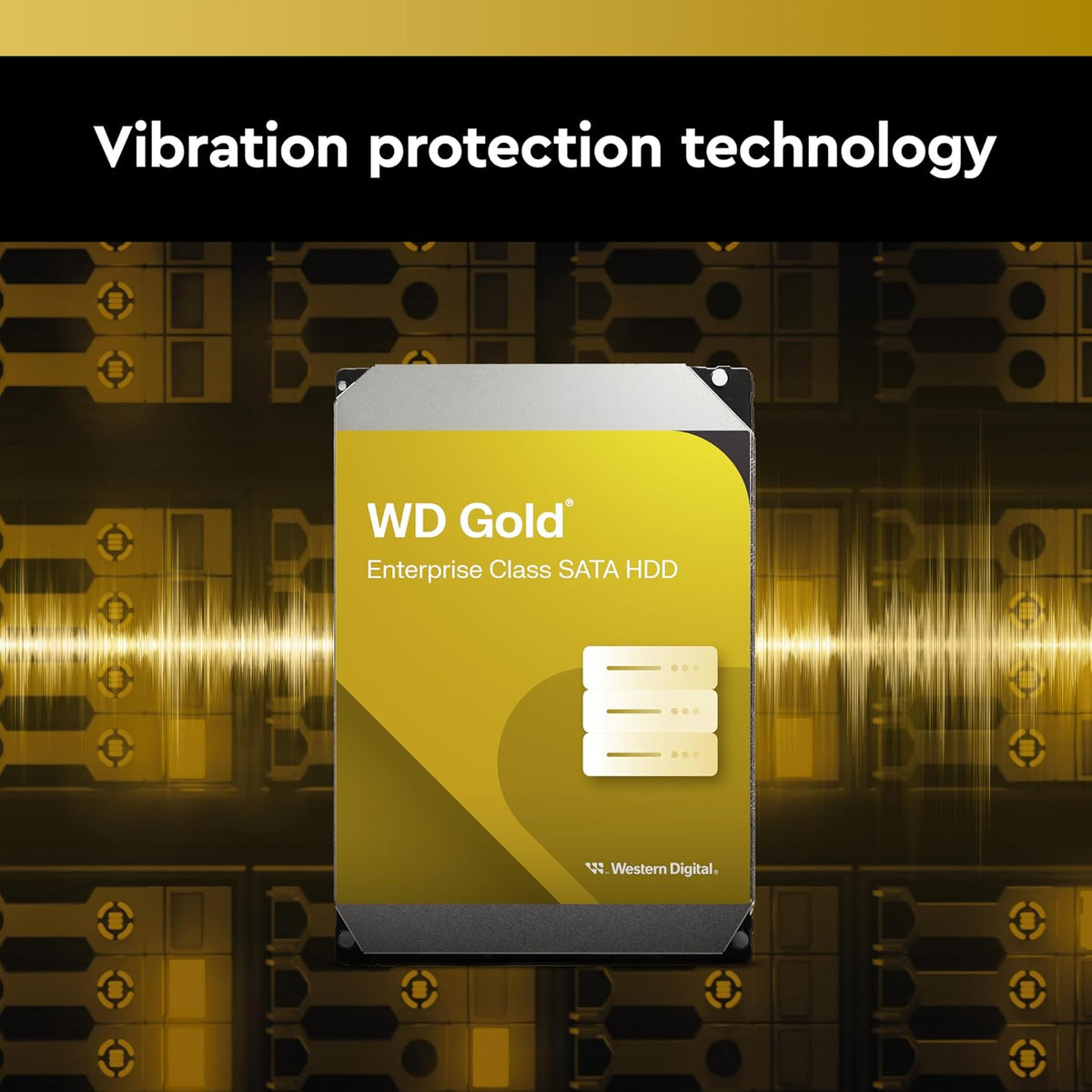 WD Gold enterprise class SATA HDD with vibration protection technology on a technical background