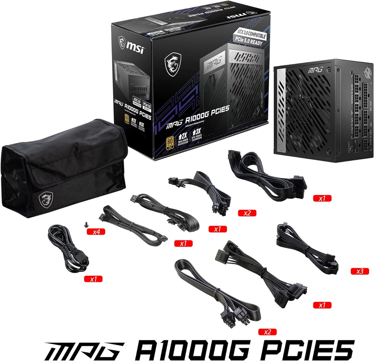 MSI PCIE 5 & ATX 3.0 Gaming Power Supply Full Modular 80 Plus Gold Certified 1000W Compact Size ATX PSU MPGA1000GPCIE5