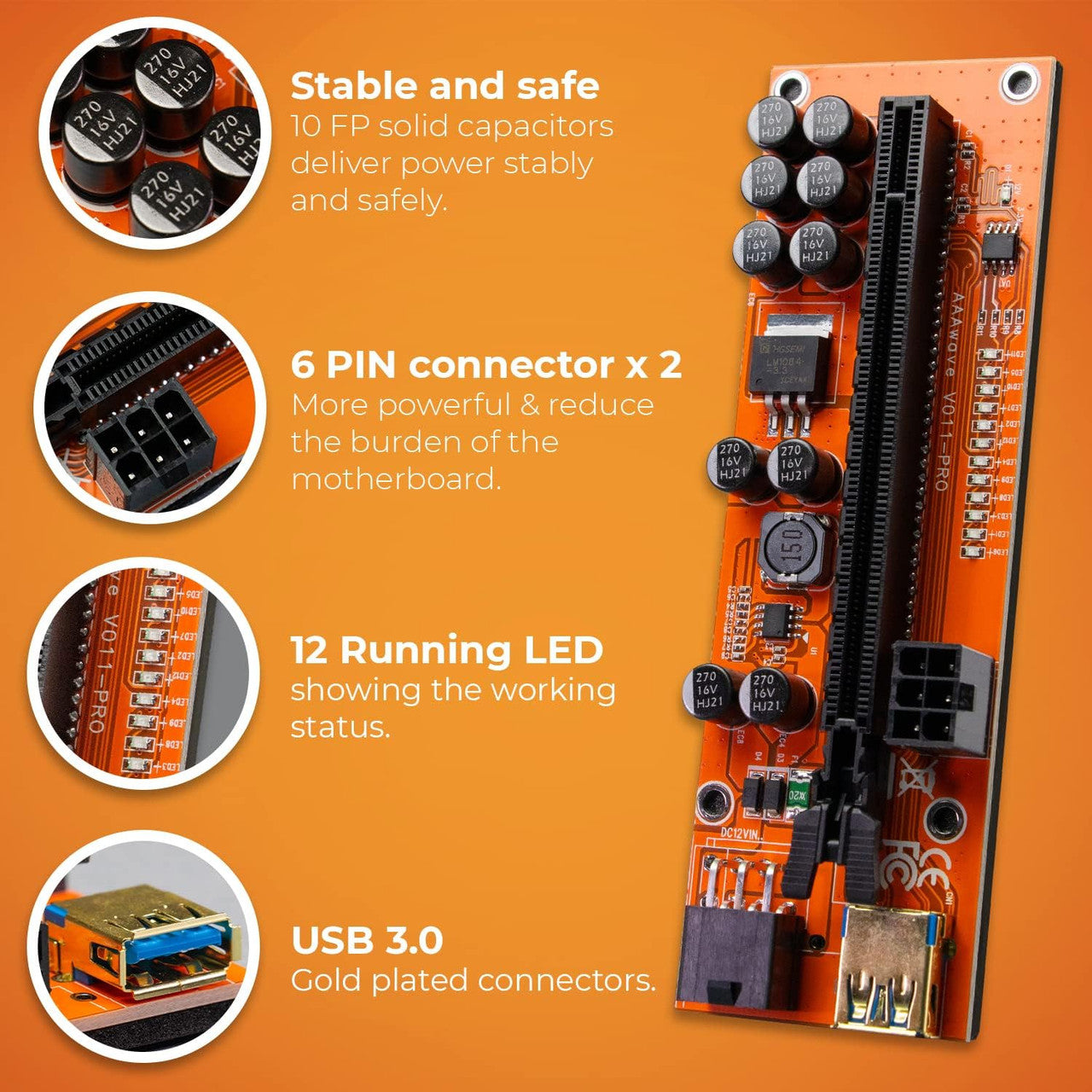 AAAwave PCIE Riser VER 011 PRO 1x to 16x Graphic Extension for GPU Mining 60cm USB 3.0 Cable, 10 Solid Capacitors, 12 Led Lights, 2x 6PIN and 2 Power Options