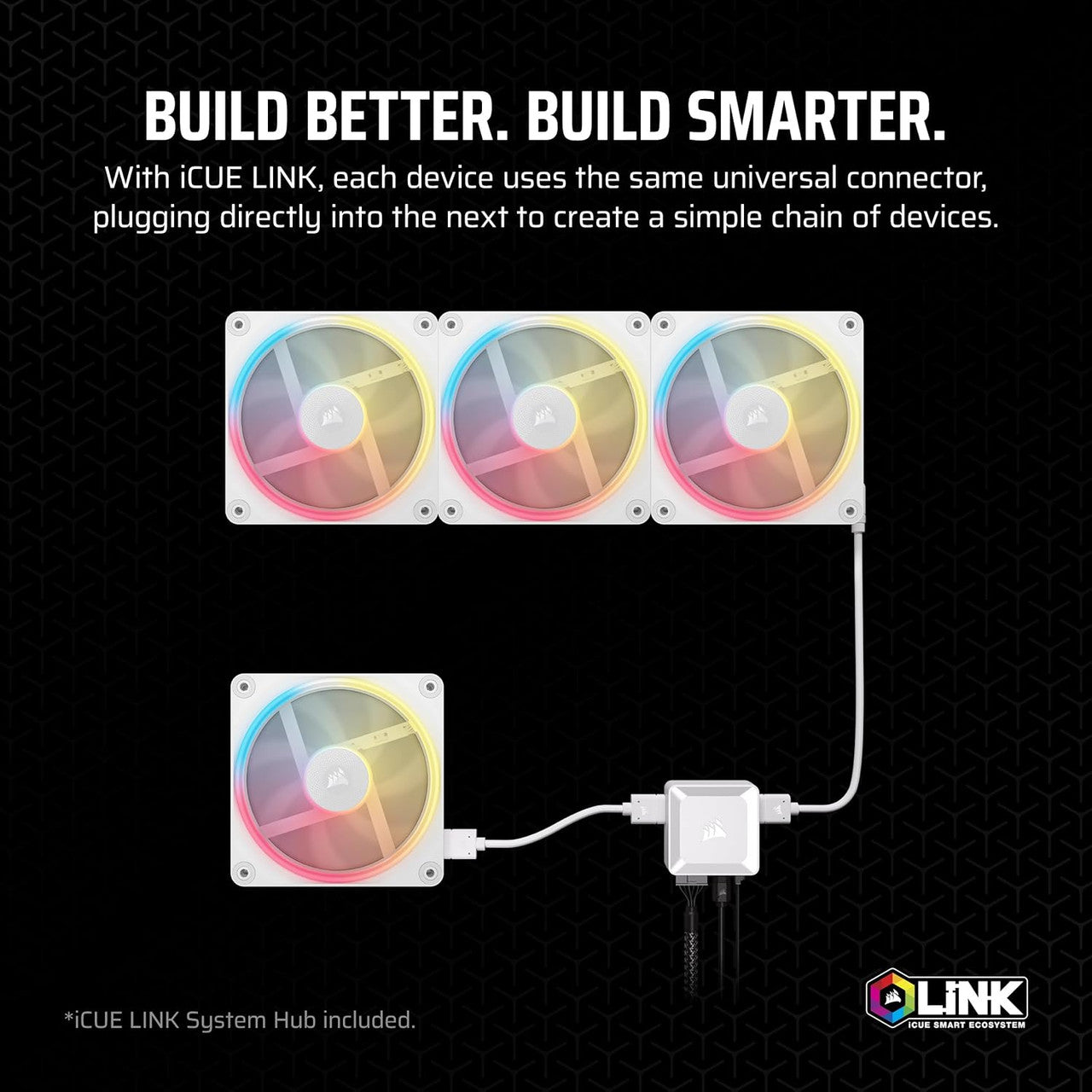 Corsair iCUE Link LX140-R RGB PWM | 140 mm | 2000 rpm | 4-Pin Case Fans Starter Kit (Dual Pack) - White CO-9051056-WW