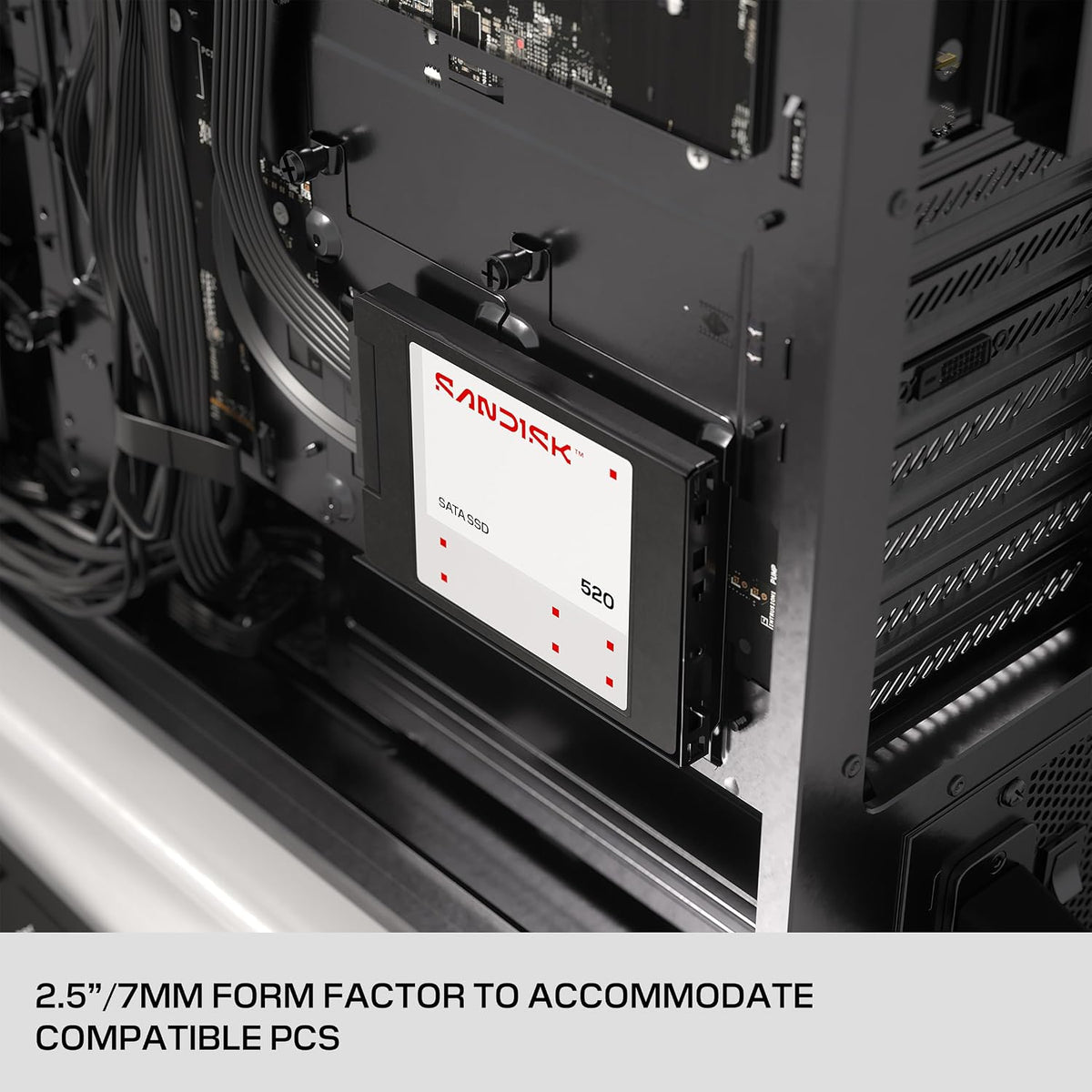 A 2.5"/7mm form factor SSD mounted inside a black computer case, with a text overlay at the bottom stating '2.