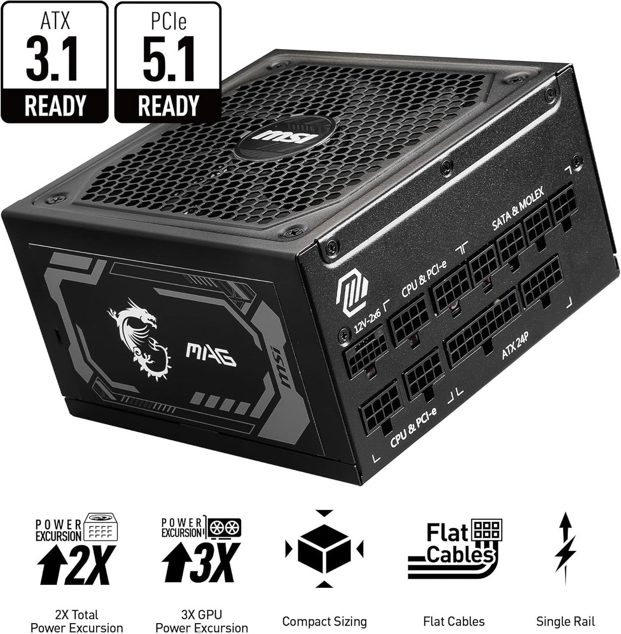 MSI PCIE 5 Gaming Power Supply 1000W 80 Plus Gold Certified, ATX 3.1 & PCIE 5.1 Ready, Full Modular, ATX PSU MAG-A1000L
