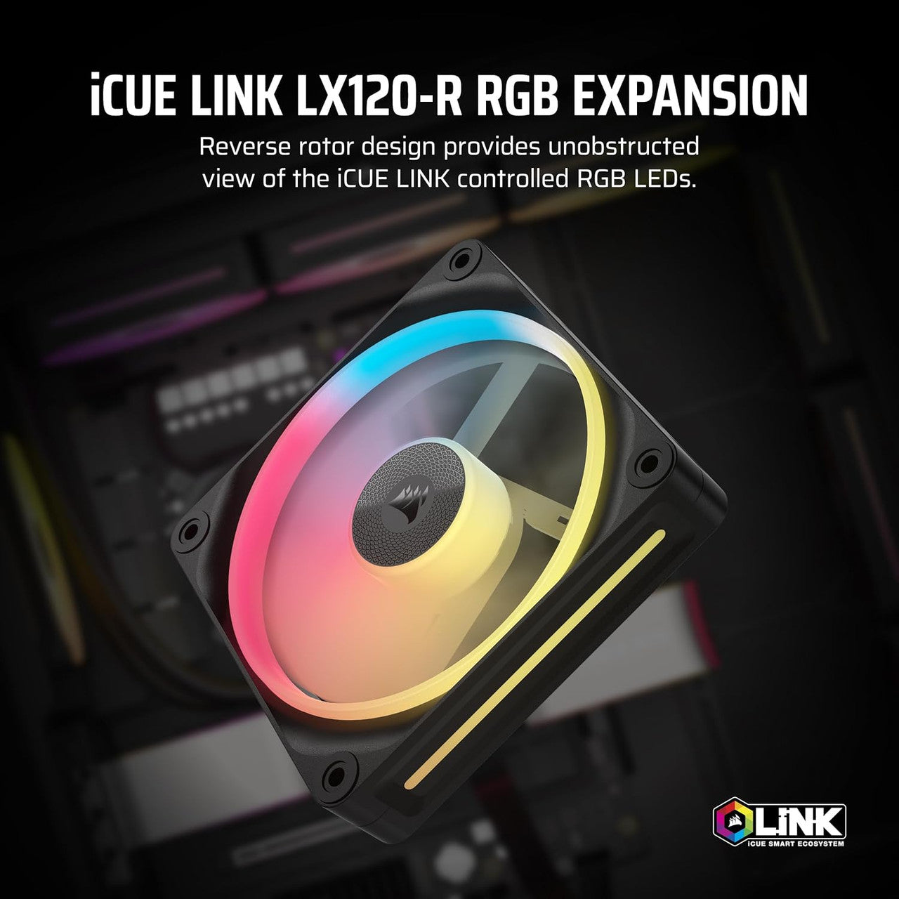 Corsair iCUE Link LX120-R RGB PWM | 120 mm | 2400 rpm | 4-Pin Case Fan with Reverse Fan Expansion (Black) CO-9051049-WW