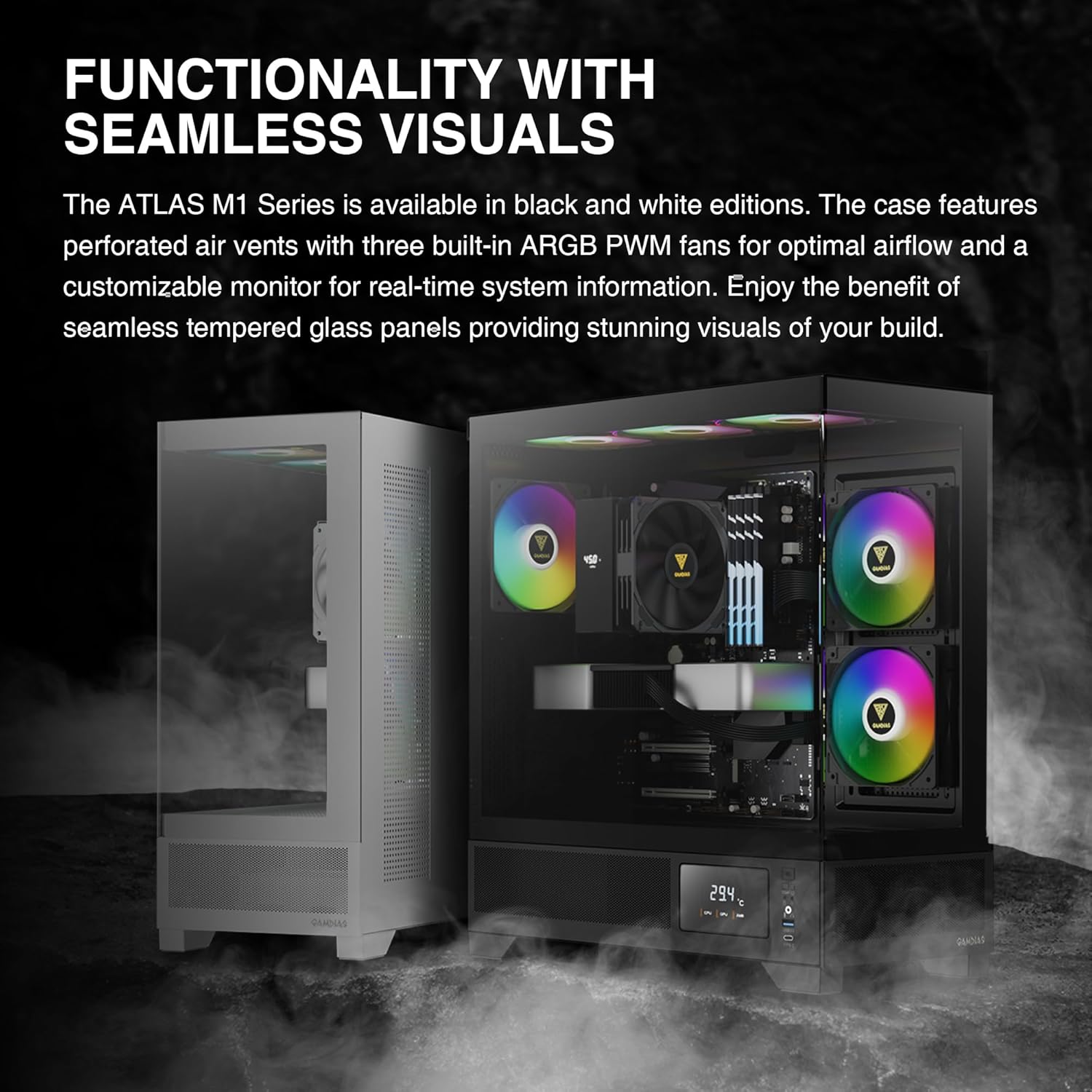 GAMDIAS ATLAS M1 A-RGB Mid-Tower Gaming PC Case | ATX | 3 x 120mm A-RGB PWM Fans | Seamless Tempered Glass | Black | GD-Atlas M1 Black