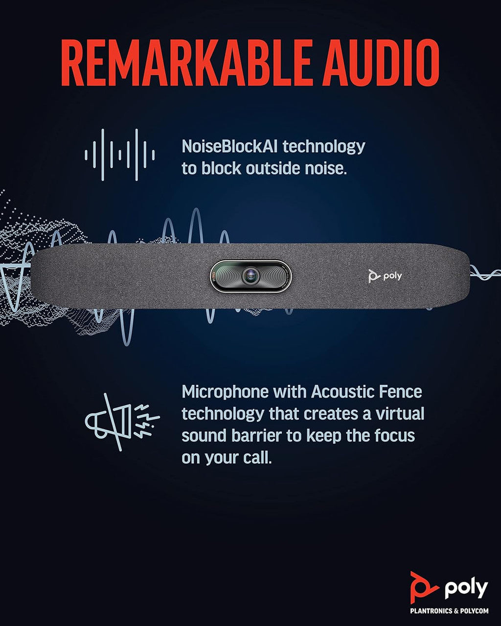 Poly Studio R30 4K Video Conference System Camera, Mic, Speaker Bar, NoiseBlockAI, Works w/ Teams & More 842D2AA#ABA