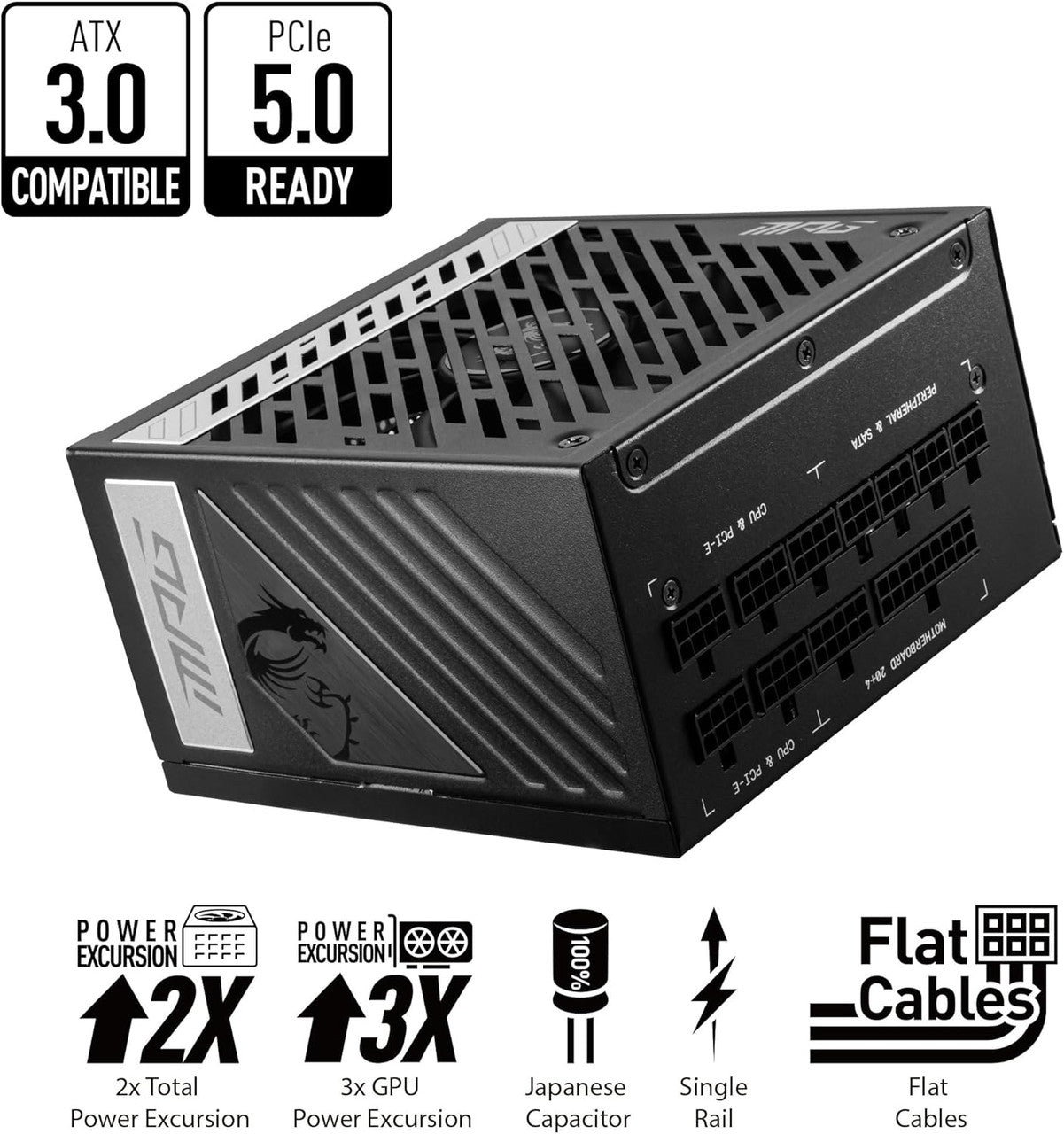 MSI PCIE 5 & ATX 3.0 Gaming Power Supply Full Modular 80 Plus Gold Certified 1000W Compact Size ATX PSU MPGA1000GPCIE5