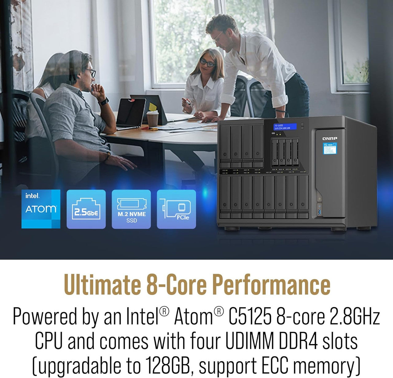 QNAP 16-Bay High-Performance Desktop NAS, Intel Atom C5125 8C/8T, 8 GB UDIMM DDR4 non-ECC RAM, 550W PSU TS-1655-8G-US