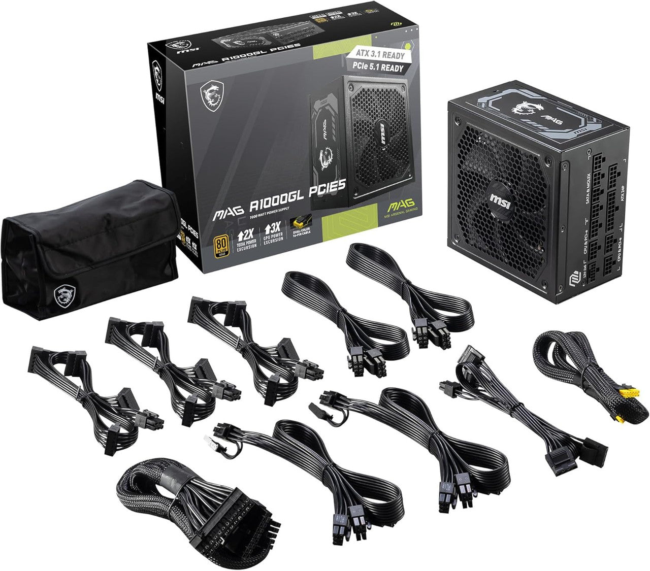 MSI PCIE 5 Gaming Power Supply 1000W 80 Plus Gold Certified, ATX 3.1 & PCIE 5.1 Ready, Full Modular, ATX PSU MAG-A1000L