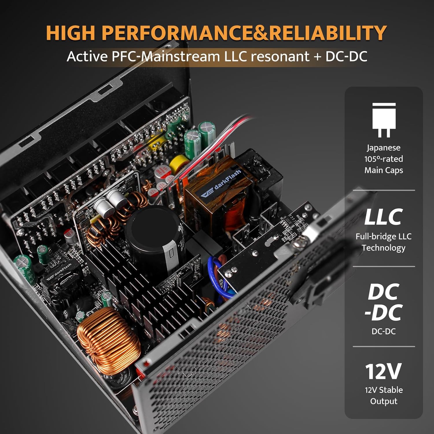 darkFlash PMT1050 1050W ATX 3.1 Fully Modular 80+ Gold Gaming Power Supply, PCIe 5.1, Black – DF-PMT-1050-BK
