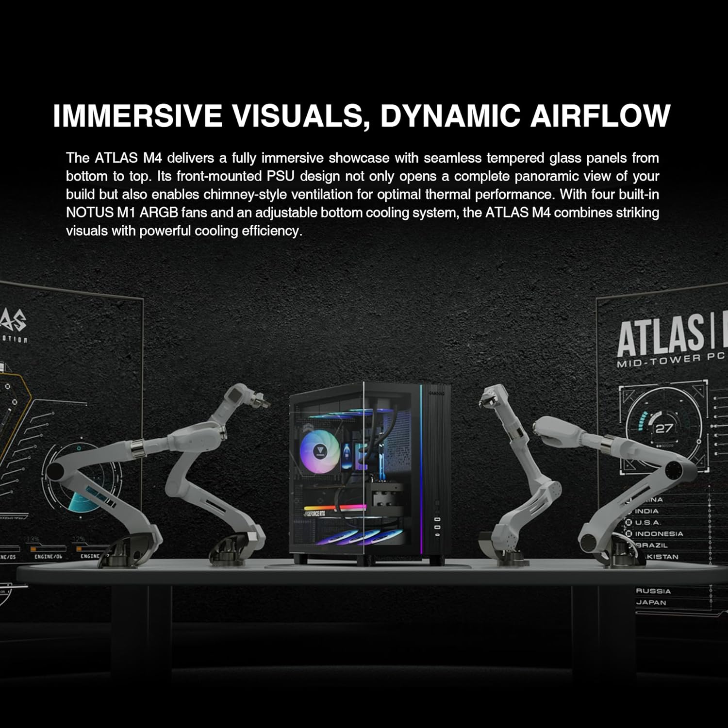 Gamdias ATLAS M4 Mid-Tower Gaming PC Case | ATX / Micro-ATX / Mini-ITX | 4 x 120mm PWM ARGB Fans | Front-Mounted PSU | Tempered Glass | ATLAS M4